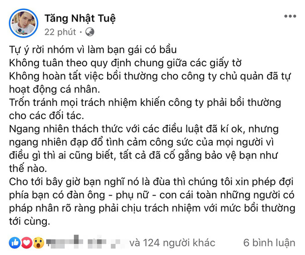   Dòng trạng thái của Tăng Nhật Tuệ gây chú ý  