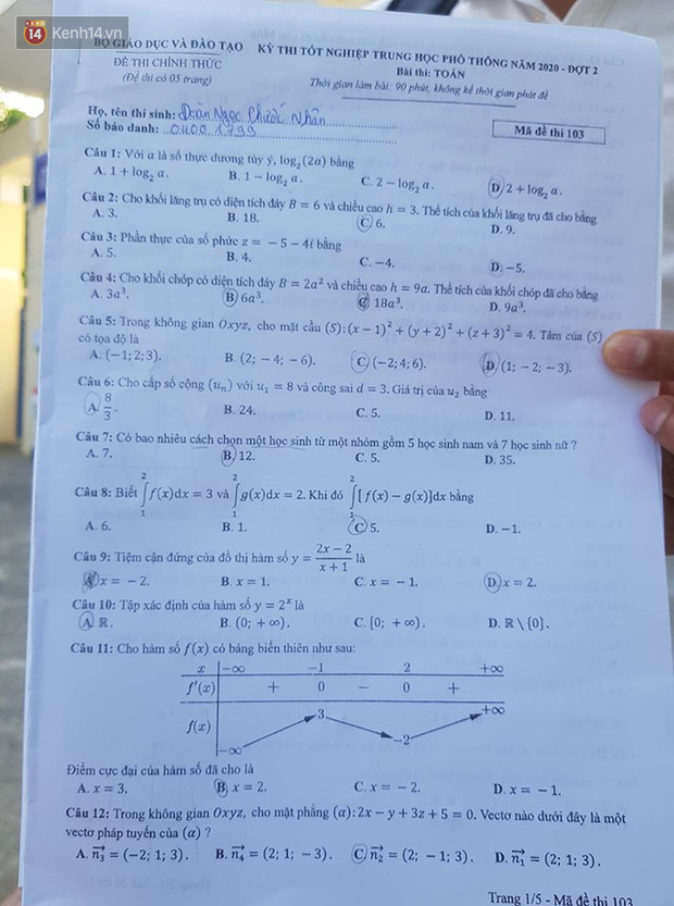 Đề thi môn Toán thi tốt nghiệp THPT 2020 đợt 2 đầy đủ các mã đề 0