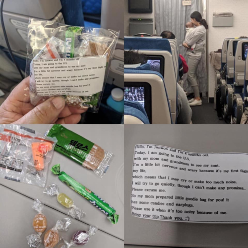   Bà mẹ Hàn Quốc tặng bông bịt tai, kẹo cho khách bay cùng vì sợ con nhỏ khóc hoặc gây ồn ào làm phiền mọi người  