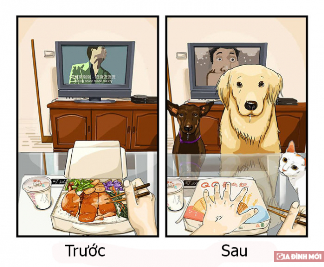 20 bức tranh hài hước minh họa cực chuẩn sự khác biệt trước và sau khi nuôi thú cưng 3
