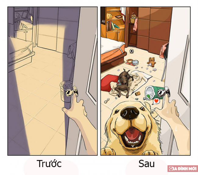 20 bức tranh hài hước minh họa cực chuẩn sự khác biệt trước và sau khi nuôi thú cưng 9