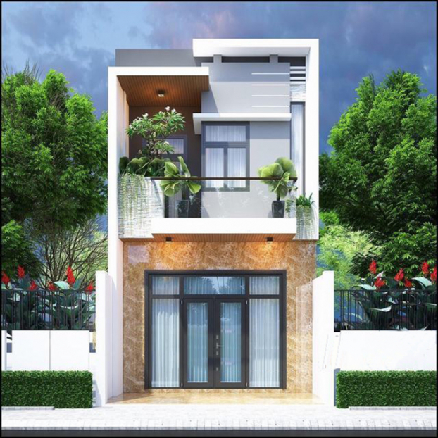   Mẫu số 3: Tiếp tục là 1 mẫu nhà dành cho các gia đình ở thành thị có diện tích đất hẹp. Thiết kế đơn giản với ban công khá rộng là điểm nhân của cả căn nhà.  