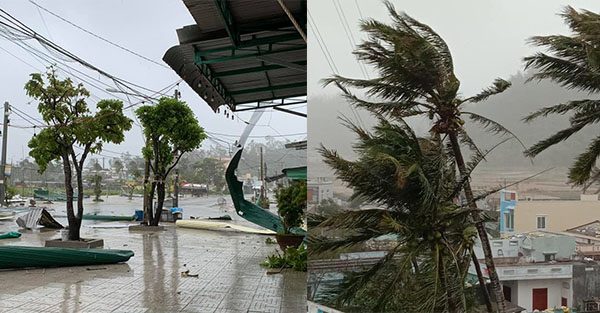   Những hình ảnh đầu tiên khi cơn bão số 9 áp sát vào đất liền, cây cối nhà cửa đều tan hoang  