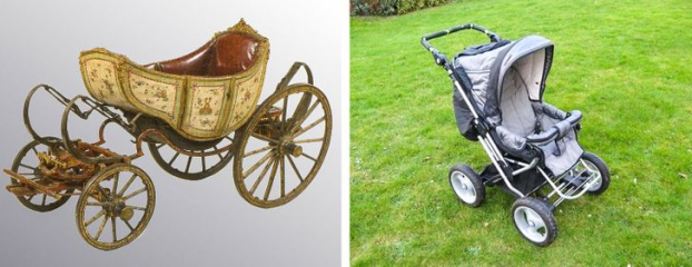   Xe nôi xuất hiện đầu tiên vào thế kỷ 18 ở Anh. Nhìn ảnh, bạn có thể thấy rõ sự khác biệt của chúng.  