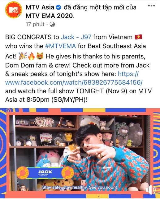 Jack thắng lớn tại MTV EMA 2020, là nghệ sĩ thứ 4 của Việt Nam làm được điều này 1