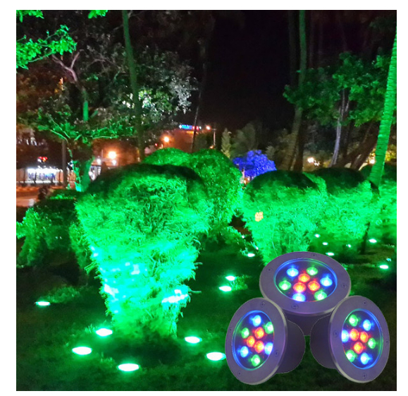   Sử dụng đèn âm sàn đổi màu tạo điểm nhấn cho sân vườn  