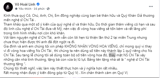 Hoài Linh thông báo không nhận vòng hoa viếng trong lễ tang cố nghệ sĩ Chí Tài 1