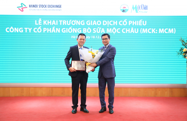   Lãnh đạo Sở Giao dịch chứng khoán Hà Nội (phải) trao chứng nhận đăng ký giao dịch cho Tổng giám đốc công ty Mộc Châu Milk (trái)  