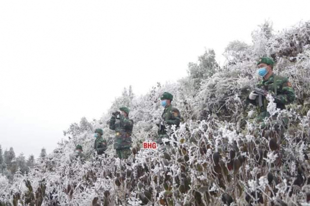   Băng giá phủ trắng từng cành cây, ngọn cỏ nơi các chiến sĩ làm nhiệm vụ  
