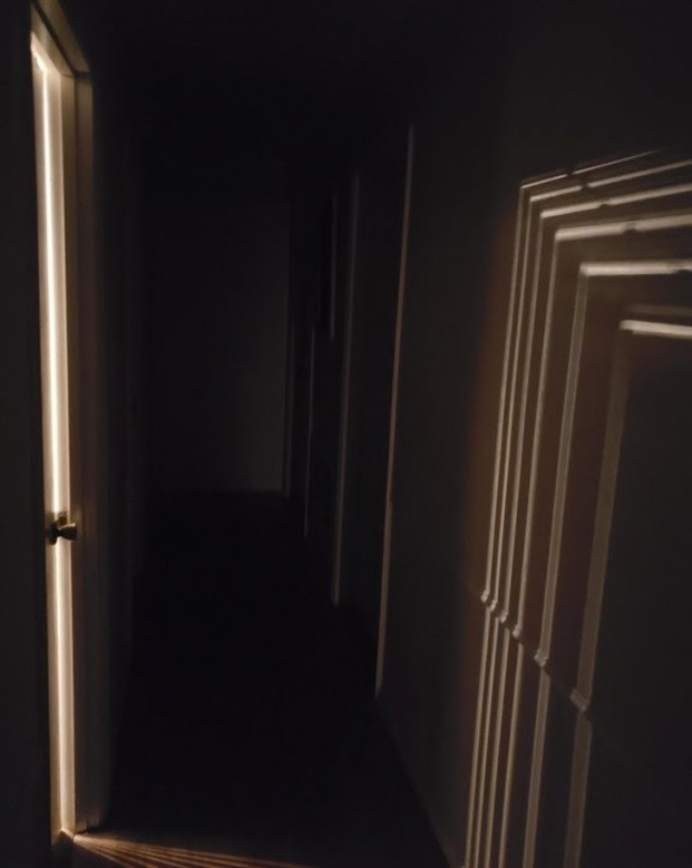   Ánh sáng chiếu ra từ một cánh cửa gần như đóng kín  