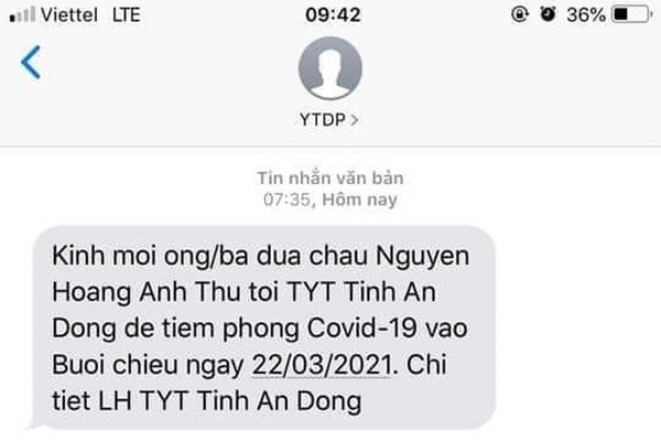   Tin nhắn từ Trung tâm Y tế Quảng Ngãi tới người dân về việc tiêm vắc-xin covid-19.  
