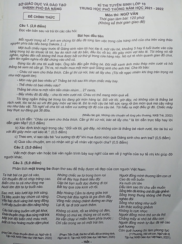 Đề thi vào lớp 10 môn Ngữ văn tại Đà Nẵng năm 2021 đầy đủ nhất 0