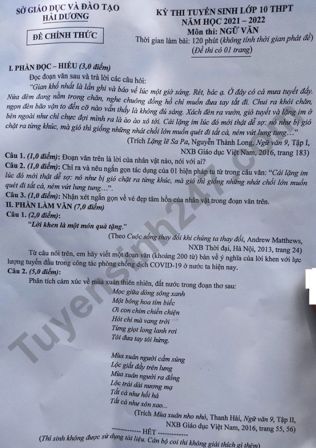 Đề thi vào lớp 10 môn Ngữ văn tại Hải Dương năm 2021 đầy đủ nhất 0