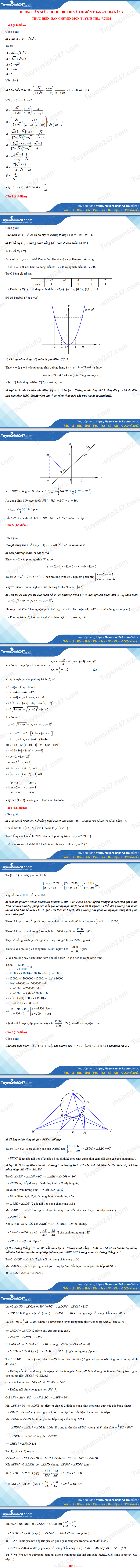 Gợi ý đáp án đề thi môn Toán vào lớp 10 TP Đà Nẵng năm 2021 đầy đủ nhất 1