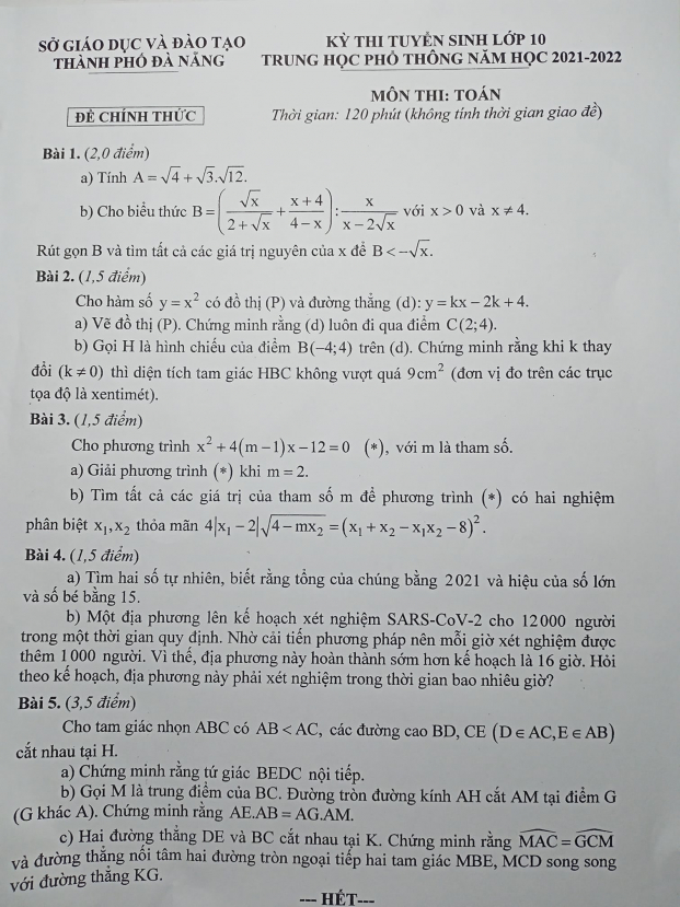 Đề thi vào lớp 10 môn Toán tại Đà Nẵng năm 2021 đầy đủ nhất 0