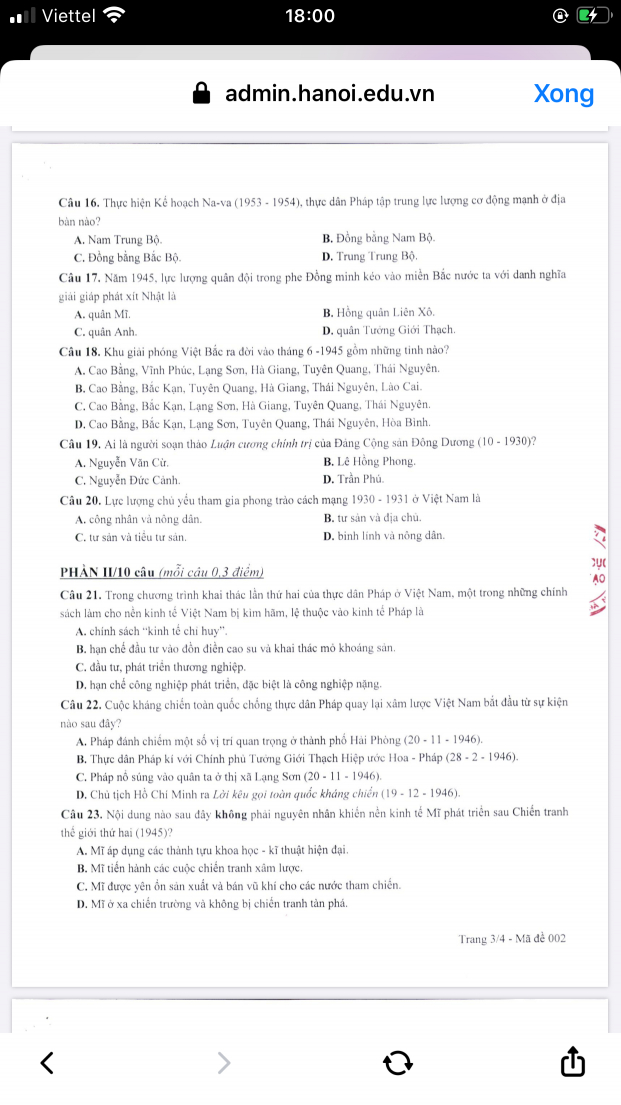 Đáp án chính thức 24 mã đề môn Lịch sử thi vào 10 từ Sở GD&ĐT Hà Nội 2