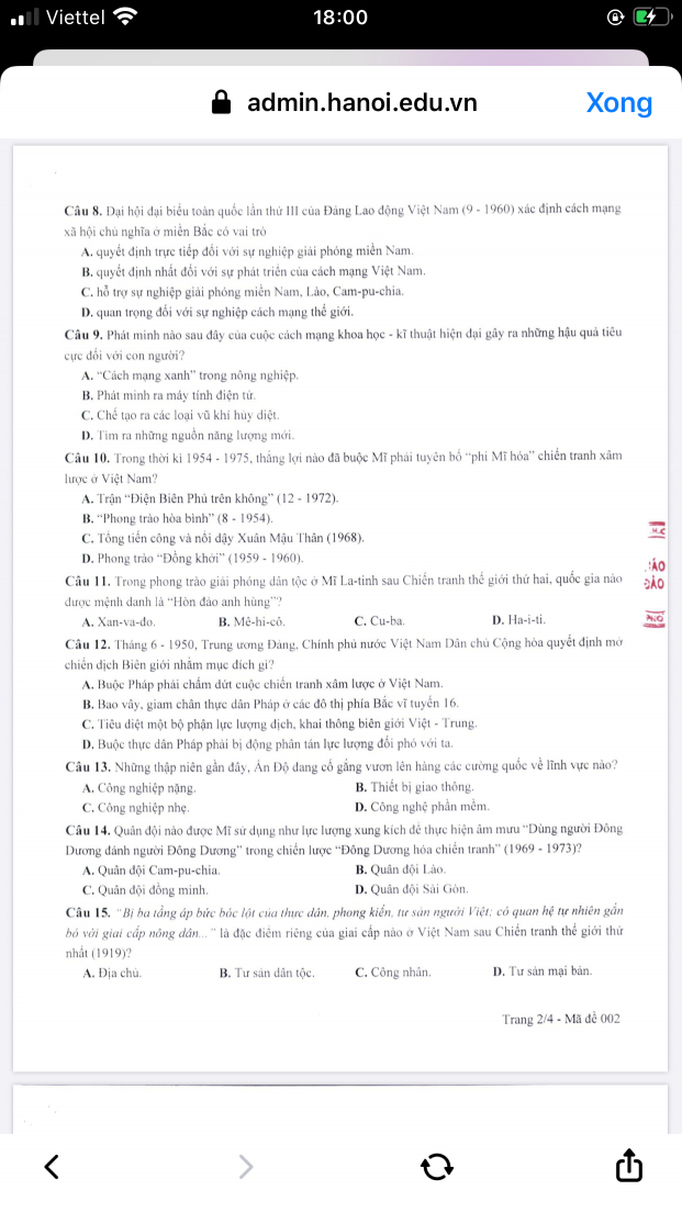 Đáp án chính thức 24 mã đề môn Lịch sử thi vào 10 từ Sở GD&ĐT Hà Nội 1