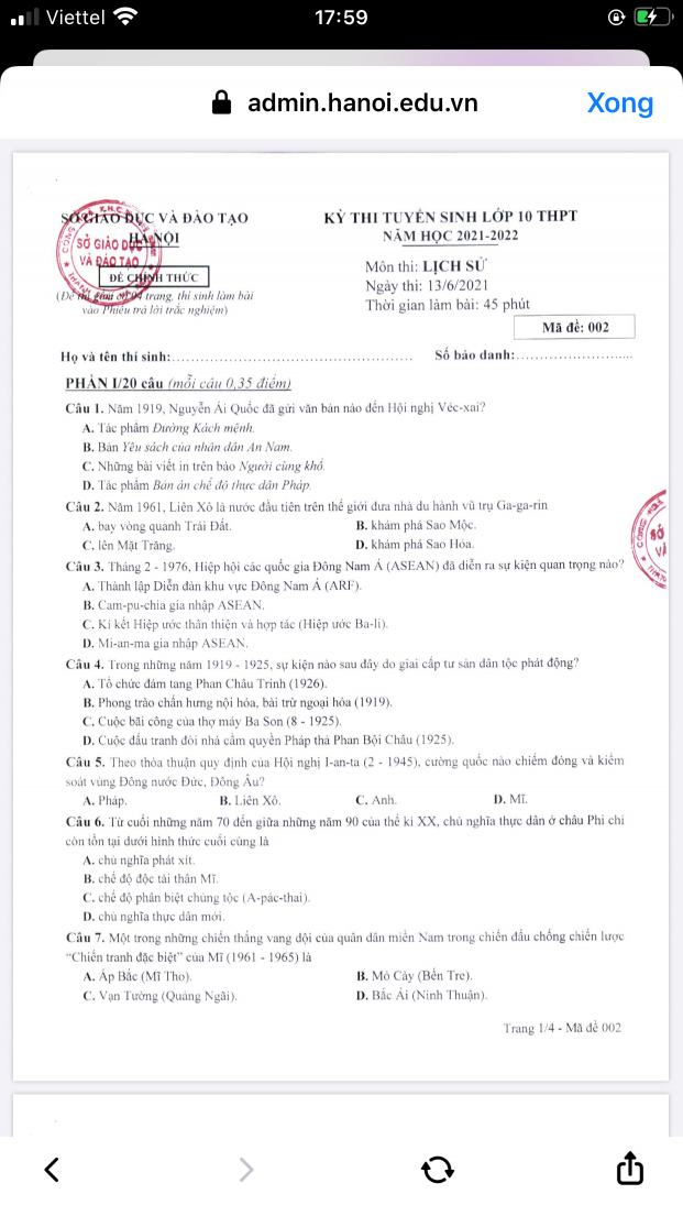 Đáp án chính thức 24 mã đề môn Lịch sử thi vào 10 từ Sở GD&ĐT Hà Nội 0