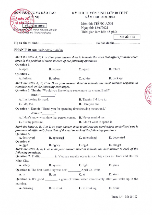 Đáp án chính thức môn Tiếng Anh vào lớp 10 năm 2021 của Sở GD&ĐT Hà Nội 0