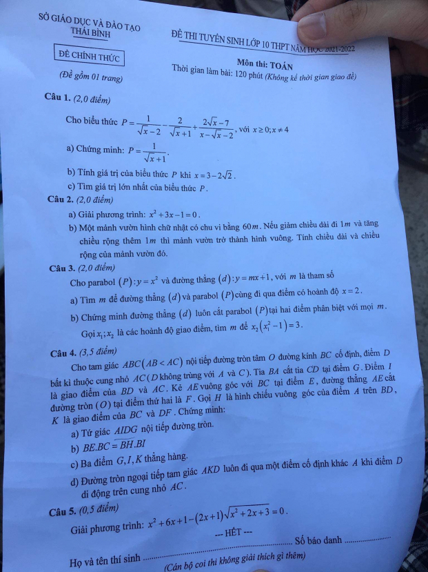 Đề thi vào lớp 10 môn Toán tại Thái Bình năm 2021 đầy đủ nhất 0