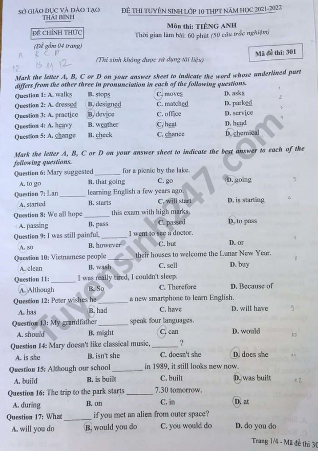 Đề thi vào lớp 10 môn Tiếng Anh tại Thái Bình năm 2021 đầy đủ nhất 0