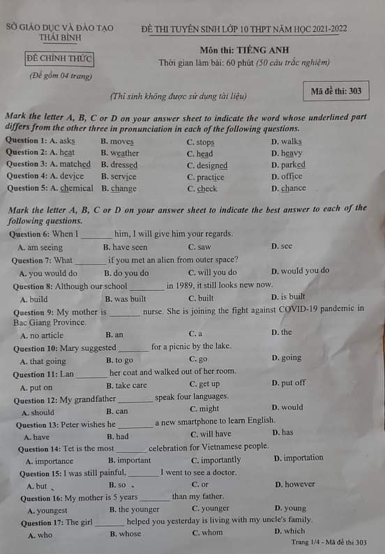 Đề thi vào lớp 10 môn Tiếng Anh tại Thái Bình năm 2021 đầy đủ nhất 4