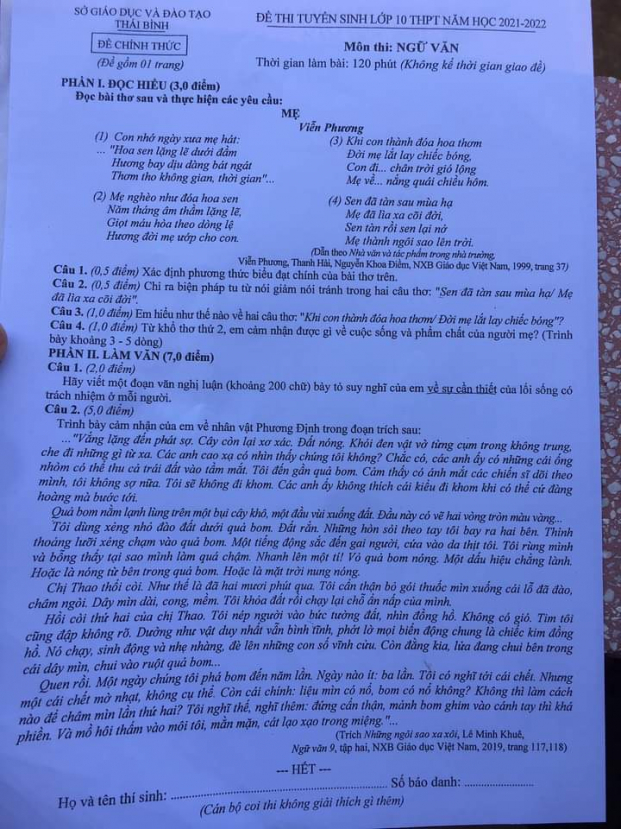 Gợi ý đáp án đề thi môn Ngữ văn vào lớp 10 tỉnh Thái Bình năm 2021 đầy đủ nhất 0