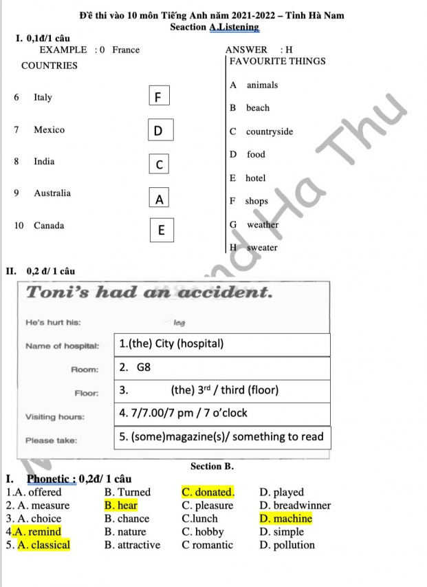 Đề và đáp án môn Tiếng Anh vào lớp 10 tại Hà Nam năm 2021 đầy đủ nhất 0