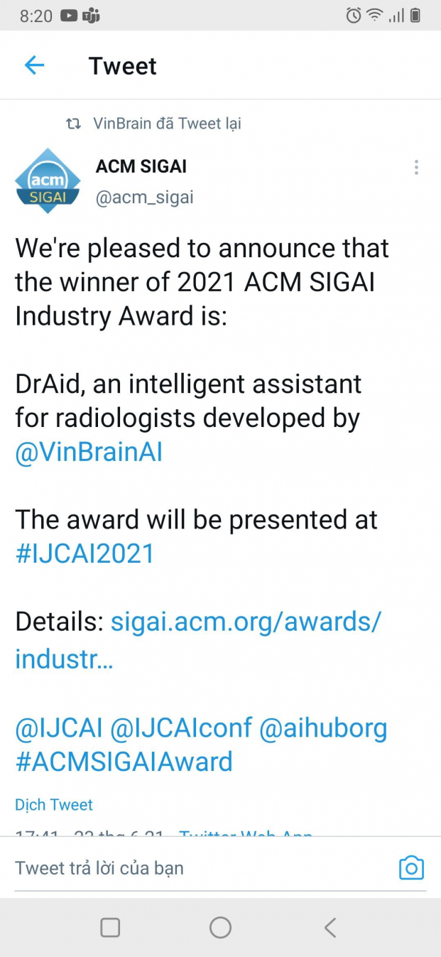   Ban tổ chức công bố sản phẩm DrAid của VinBrain giành giải thưởng “ACM SIGAI Industry Award 2021” trên Twiter chính thức  