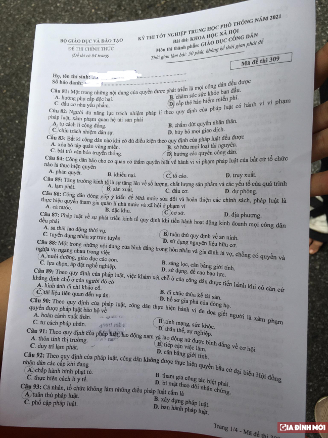 Đề thi môn Giáo dục công dân tốt nghiệp THPT 2021 đầy đủ nhất các mã đề 0