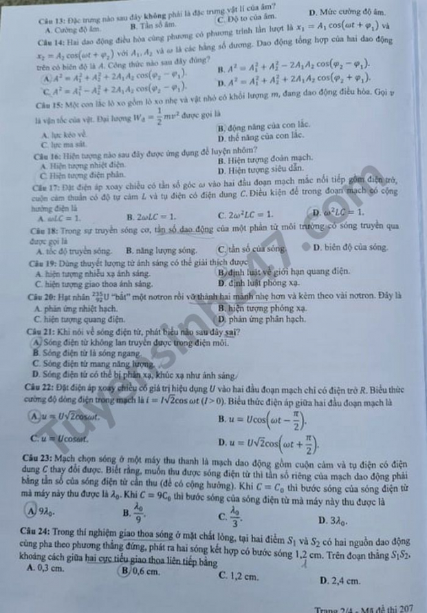 Đề thi môn Vật lý tốt nghiệp THPT 2021 tất cả mã đề đầy đủ nhất 9