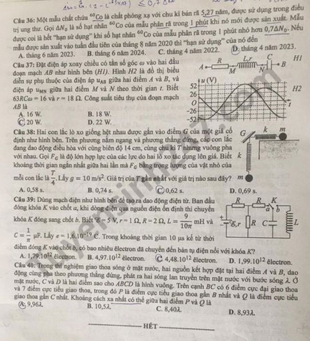 Đề thi môn Vật lý tốt nghiệp THPT 2021 tất cả mã đề đầy đủ nhất 39