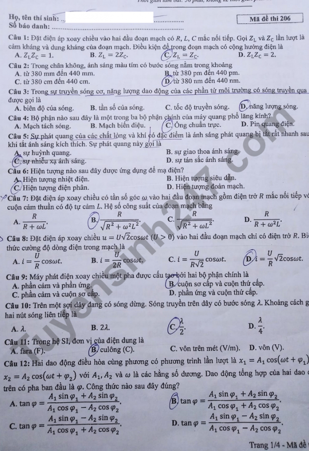 Đề thi môn Vật lý tốt nghiệp THPT 2021 tất cả mã đề đầy đủ nhất 4