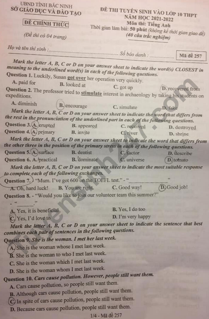 Đề thi vào lớp 10 môn Tiếng Anh tỉnh Bắc Ninh năm 2021 đầy đủ nhất 0