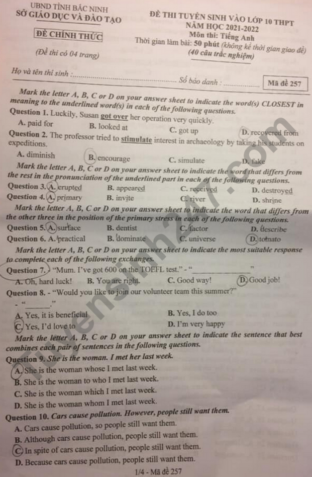 Gợi ý đáp án đề thi môn Tiếng Anh vào lớp 10 tỉnh Bắc Ninh năm 2021 đầy đủ nhất 0