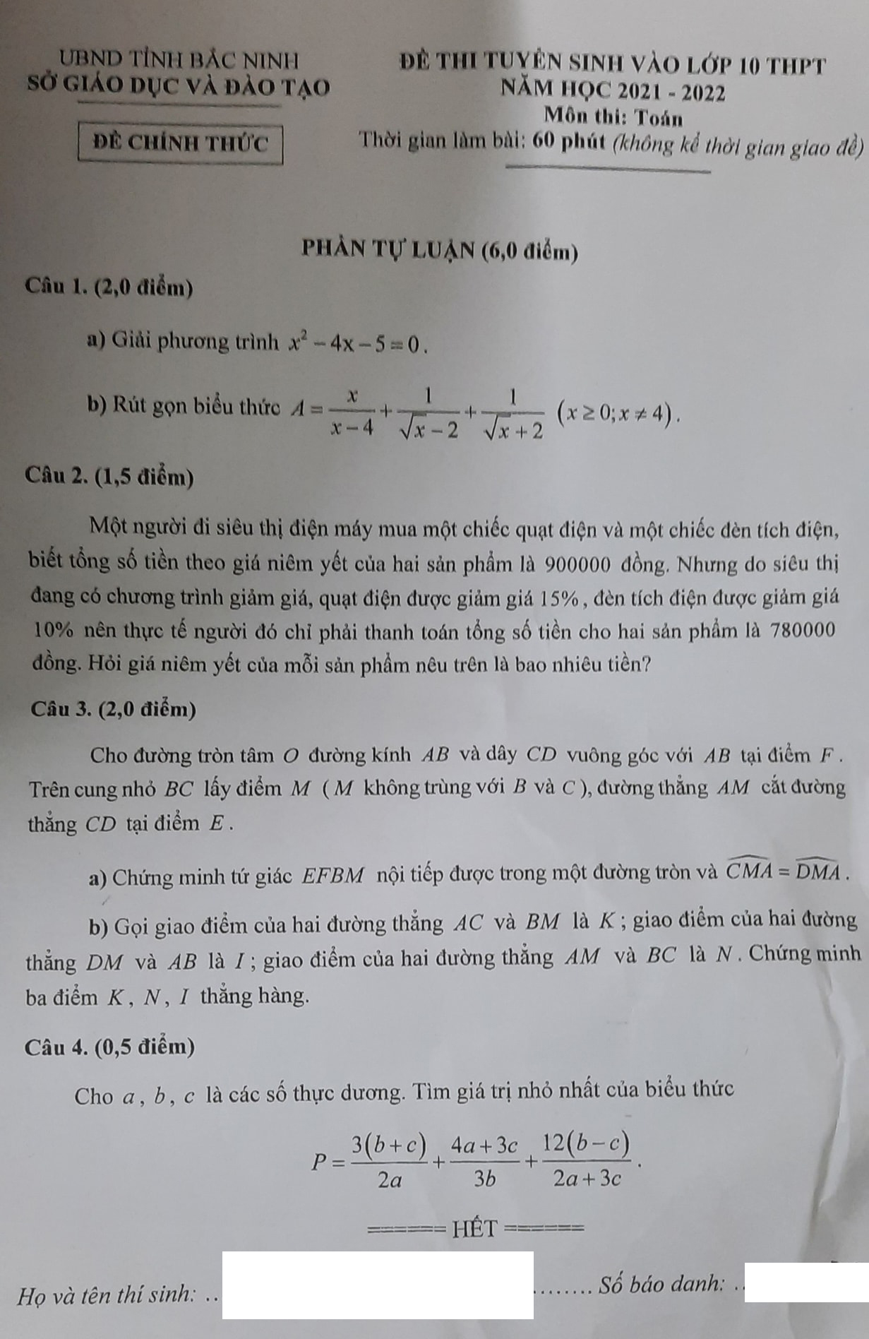 Đề thi vào lớp 10 môn Toán tỉnh Bắc Ninh năm 2021 đầy đủ nhất 0