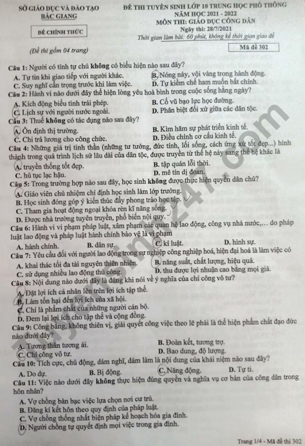 Đề thi vào lớp 10 môn Giáo dục công dân tỉnh Bắc Giang năm 2021 đầy đủ nhất 0