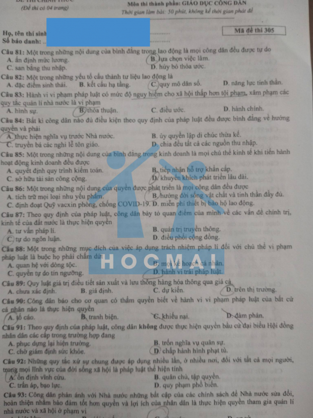 Đề thi, đáp án môn Giáo dục công dân tốt nghiệp THPT 2021 đợt 2 tất cả mã đề đầy đủ nhất 0