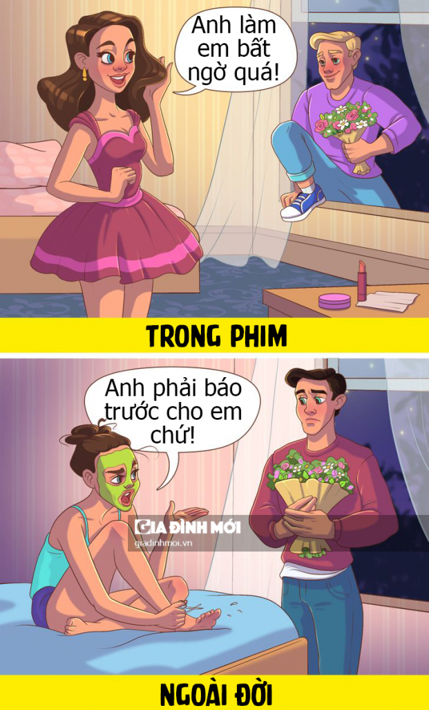 11 tranh minh họa hài hước sự khác biệt giữa chuyện yêu đương trong phim và ngoài đời 2