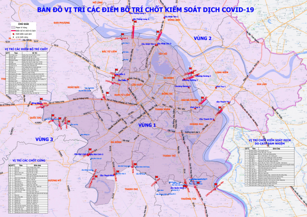   Bản đồ vị trí các điểm bố trí chốt kiểm soát dịch Covid-19 tại Hà Nội. Ảnh minh họa  