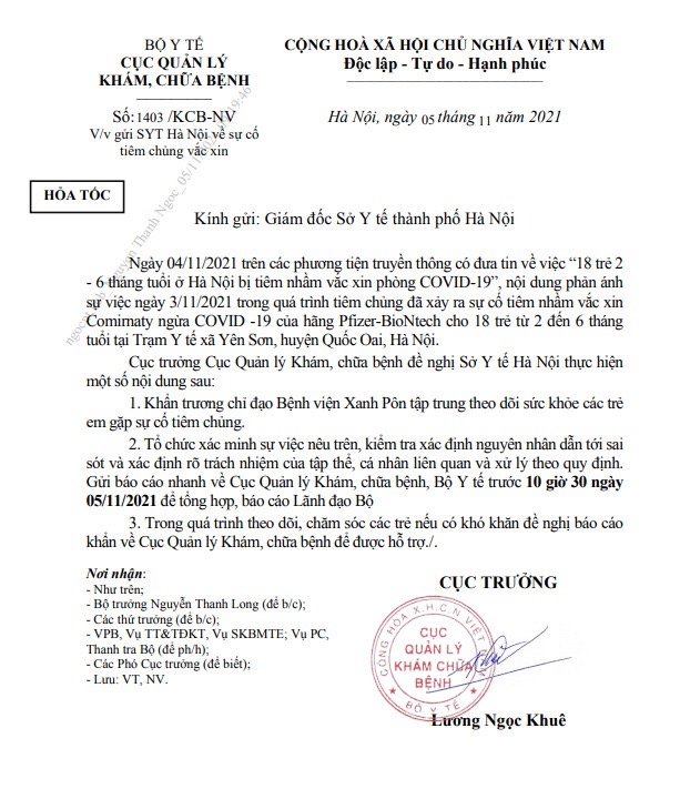   Bộ Y tế đề nghị Sở Y tế làm rõ nguyên nhân dẫn tới sự cố y khoa tại huyện Quốc Oai.  