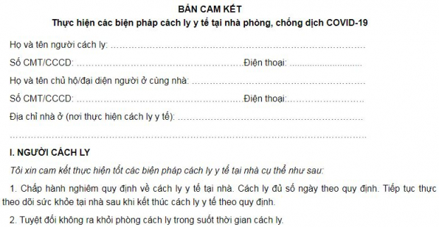   Người mắc COVID-19 đủ điều kiện cách ly tại nhà phải làm đơn và bản cam kết.  