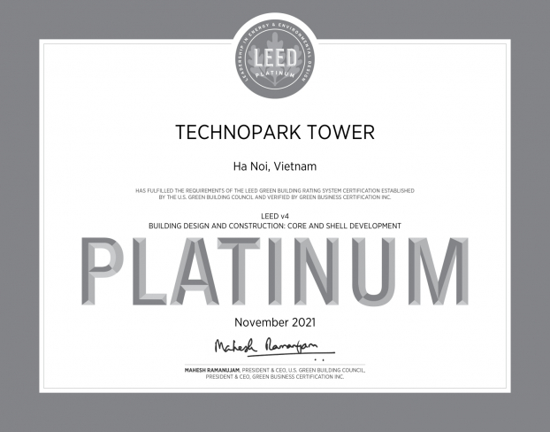   Bằng chứng nhận TechnoPark Tower đạt chứng chỉ LEED Platinum V4 – Phiên bản khó đạt nhất từ trước đến nay của LEED  