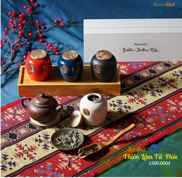   Set quà cao cấp trà Shan Tuyết “Thiên Lâm Tứ Phúc” bao gồm Lục trà, Hồng trà, Long trà, Bạch trà.  