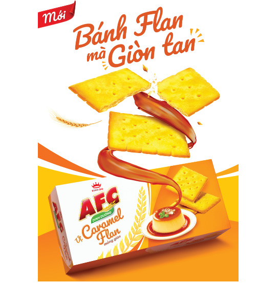   AFC Caramel Flan là sản phẩm mới nhất của Mondelez Kinh Đô với sự kết hợp giữa hương vị bánh flan yêu thích của người Việt Nam và lớp bánh giòn tan của AFC  