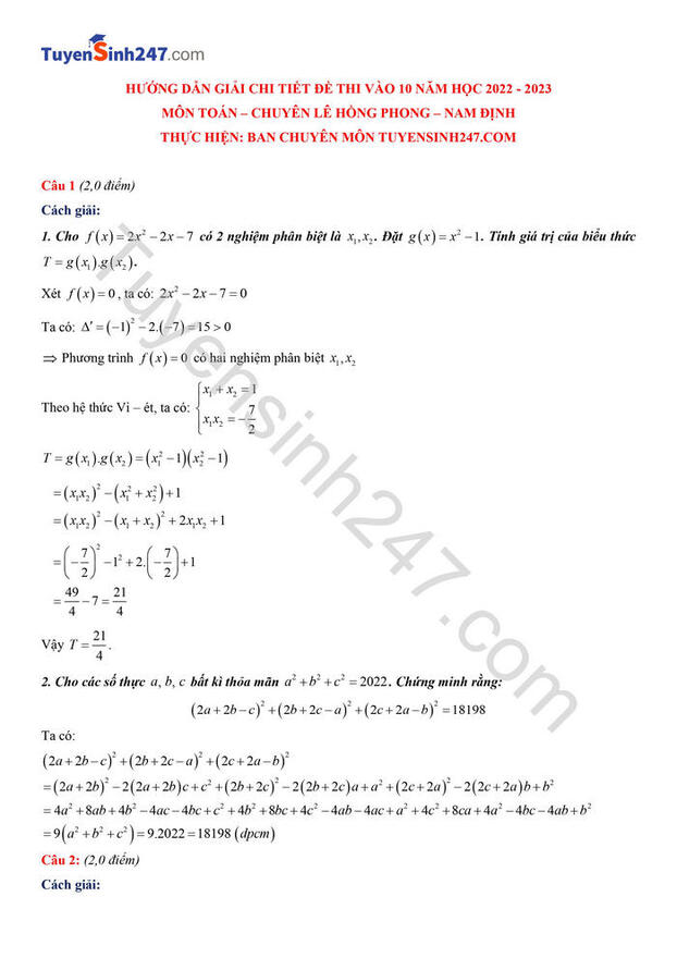 Đề thi môn Toán vào lớp 10 THPT chuyên Lê Hồng Phong năm 2022 đầy đủ nhất 1