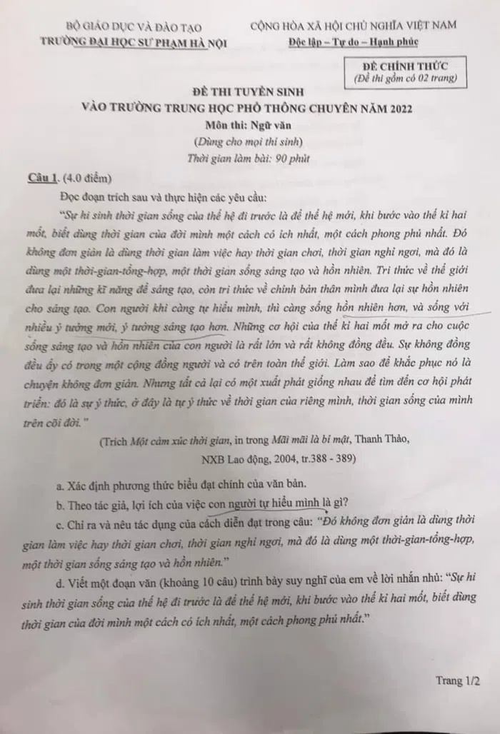 Đề thi môn Ngữ văn vào lớp 10 THPT Chuyên Sư Phạm Hà Nội năm 2022 đầy đủ nhất 0