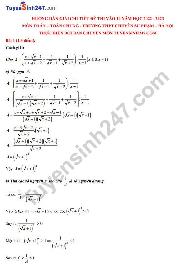 Đề thi, đáp án môn Toán vào lớp 10 THPT Chuyên Sư Phạm Hà Nội năm 2022 đầy đủ nhất 1