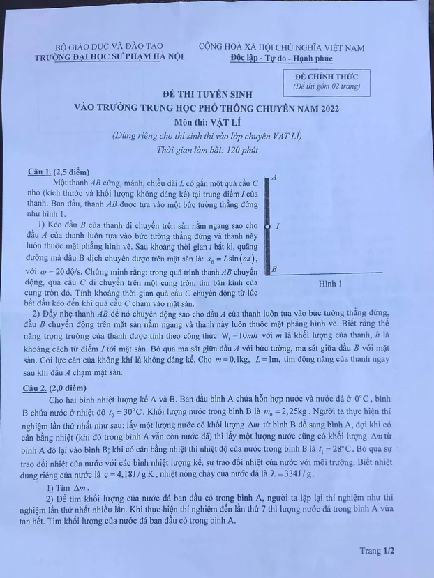 Đề thi vào lớp 10 chuyên Lý trường Chuyên Sư phạm 2022 đầy đủ nhất 0