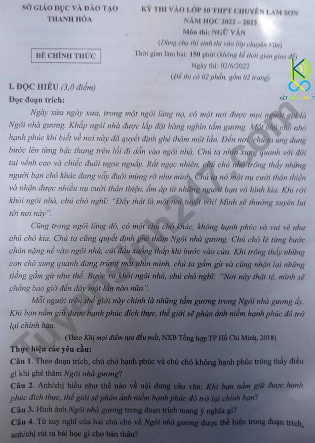 Đề thi vào lớp 10 môn Ngữ Văn trường THPT chuyên Lam Sơn năm 2022 đầy đủ nhất 0